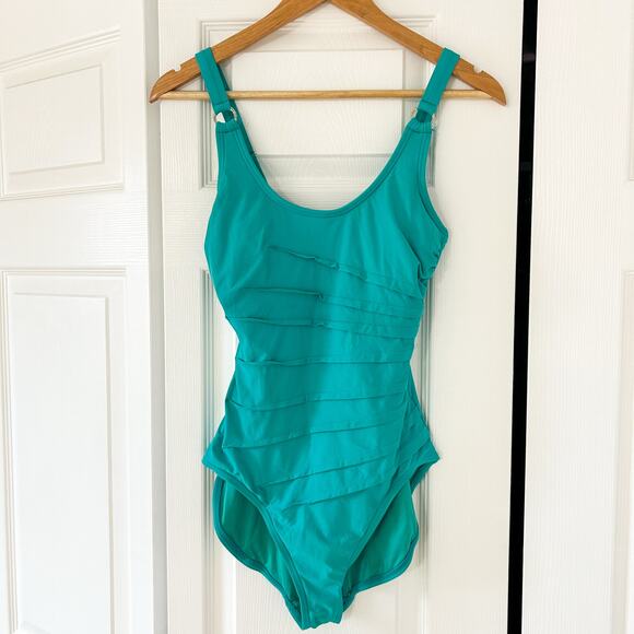 Calvin Klein Scoop Neck Textured One Piece Swimsuit Aqua Blue Size 6 EUC - Picture 2 of 7